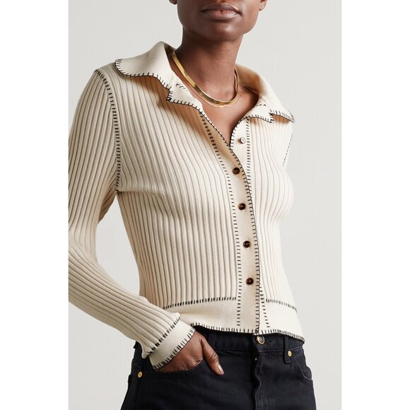 KHAITE "Teagan" Ribbed Merino Wool-blend Cardigan in Cream, size Small (fits XS) - Picture 1 of 11